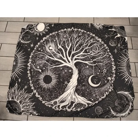 Black and White Tree of Life Celestial Tapestry Wall Hanging Sun Moon 59x51
