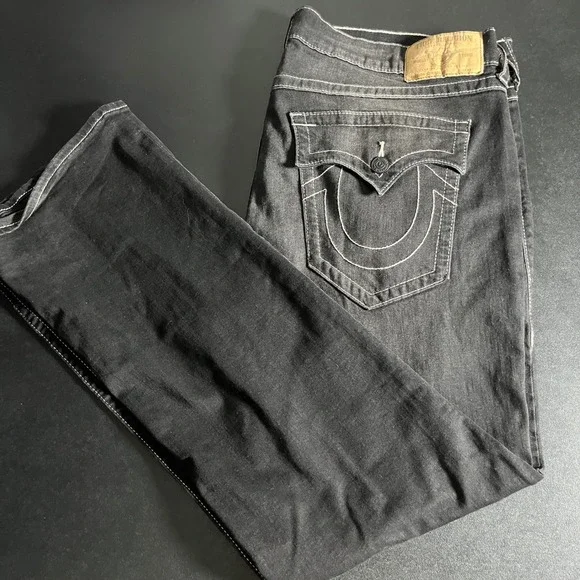 True Religion Straight Flap Jeans Mens 42 Black Solid Contrast Stitching