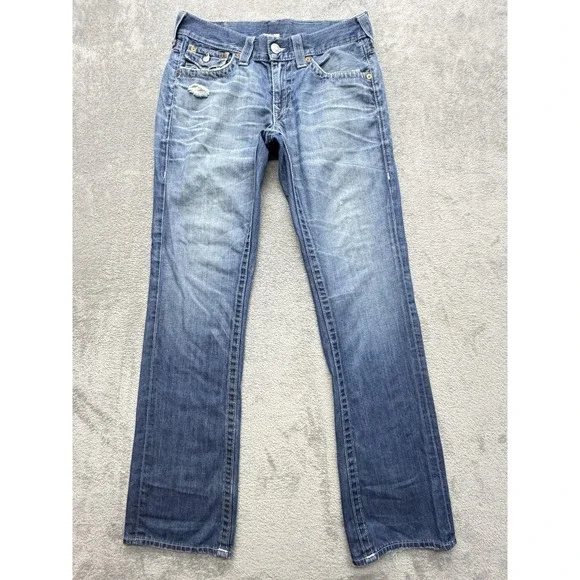 True Religion Jeans Mens Measured 34x33 Blue Bootcut Relaxed Distressed Logo