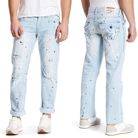 True Religion Light Blue Paint Splatter Acid Wash Straight Leg Jeans 34” x 32”
