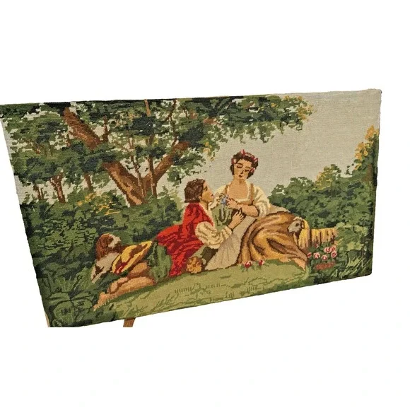 Hand-Stitched Needlepoint Tapestry Pastoral Courting Scene Mid Century Art
