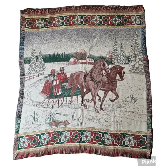Vtg Woven Tapestry Throw‎ Sofa Bkanket Horse Sheigh Winter Country Christmas