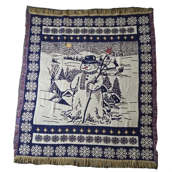 Vtg Snowman Woven‎ Tapestry Throw Sofa Blanket Made in USA Acrylic