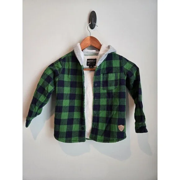 Buffalo David Bitton Boy's Green Black Plaid Sherpa Jacket 4T Boyhood 90s