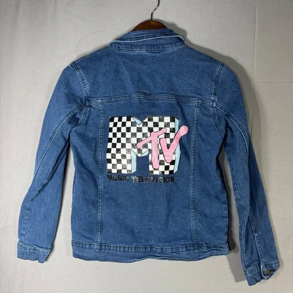 MTV Music Television Denim Jacket Kids XL 14-16 Blue‎ Embroidered Logo