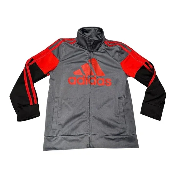 Adidas Boys Sz 6 Black, Red & Gray Long Sleeve Full Zip Mock‎ Neck Track Jacket