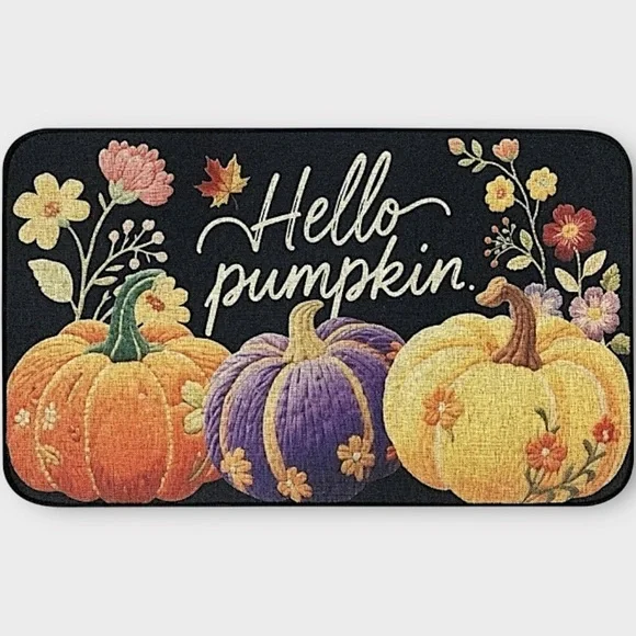 Hello Pumpkin Fall Doormat Halloween Thanksgiving Decor Colorful‎ Flowers