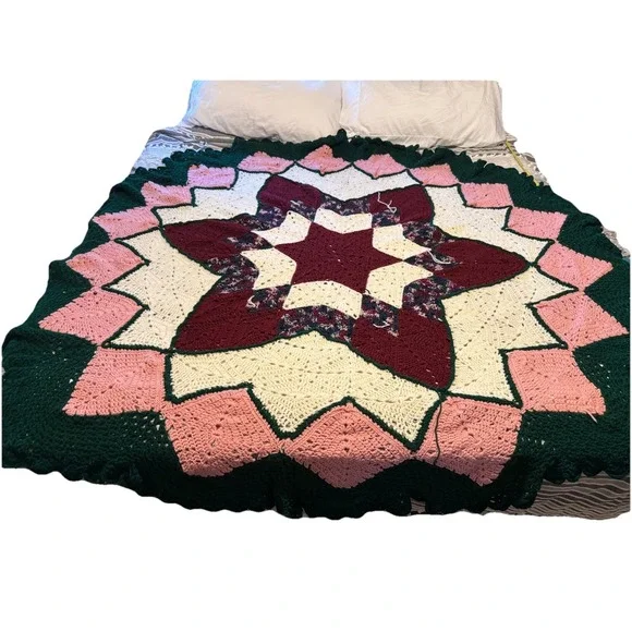 Vintage Large Crochet Prairie‎ Star Afghan Throw Multicolored 84