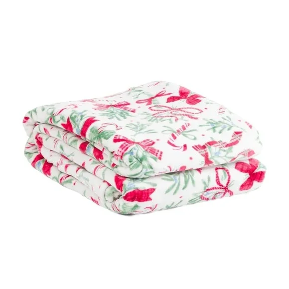Cynthia Rowley‎ New York Soft Plush Holiday Throw Blanket Candy Cane Bows