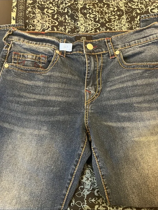 True Religion Men's Skinny Jeans in Dark Blue Denim with Contrast Stitching