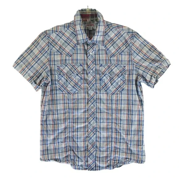 True Religion Shirt Men's Size Large Blue Plaid Pearl Snap Western Short Sleeves