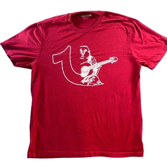 Y2K True Religion Mens Red Buddha Guitar Graphic T-Shirt XL Short Sleeve Cotton