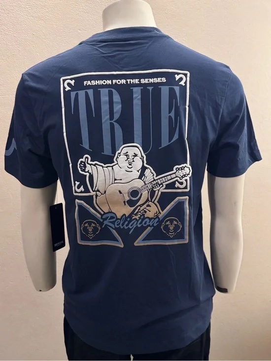 True Religion Mens Ombre Buddha Graphic Tee Navy Blue Short Sleeve Size M New