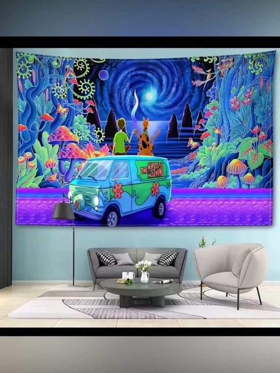 Vibrant Neon Scooby Doo & Mystery Machine Wall Tapestry (37x27)