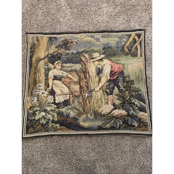 Vintage European Pastoral Woven Wall Art Tapestry Scenic Harvesting‎ Wheat