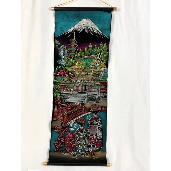 Vintage Japanese Velvet Wall Hanging Scroll Mount Fuji Pagoda Geisha Temple‎ Art