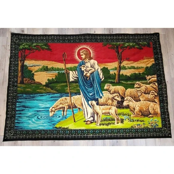 VTG Jesus Sheep Wall Hanging Shepherd Cotton Mural 57