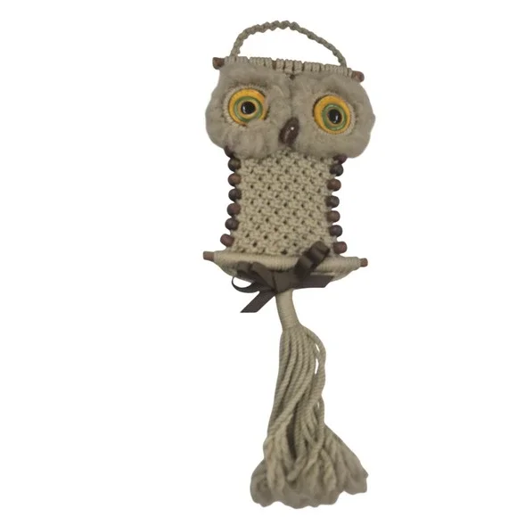 Vintage Macrame Owl Wall Hanging Boho Wood Bead Tassel Decor Beige 17‎ Inch