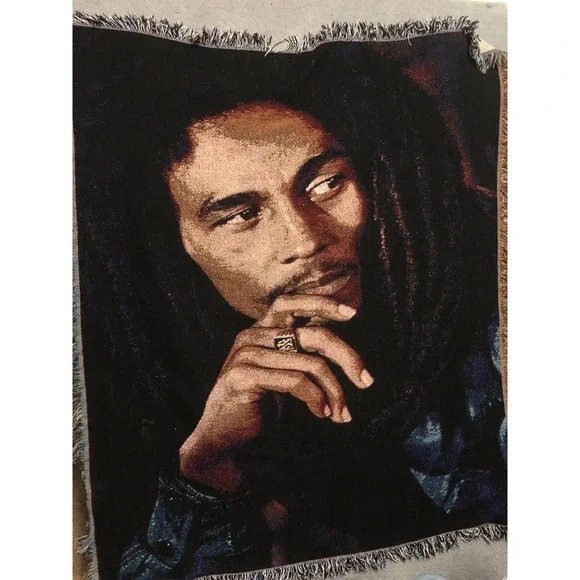 Vtg Bob Marley Woven Tapestry Throw Blanket Reggae Portrait Wall Hanging Decor