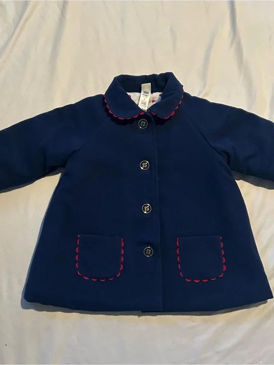 Little Me Navy Pea Coat with Red Scallop Trim and Bow.