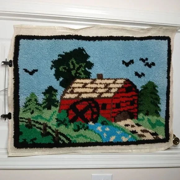Vintage Large Hand Crafted Red Barn Water Wheel Mill Hook Rug Decor - Unbound