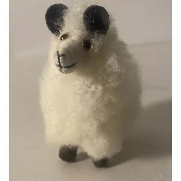 Vintage Woolly Ram Sheep Goat Figurine Animal Real Wool White Brown