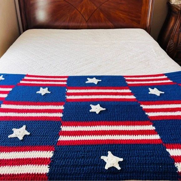 Handmade, Crocheted American Flag Blanket.  32”x72”