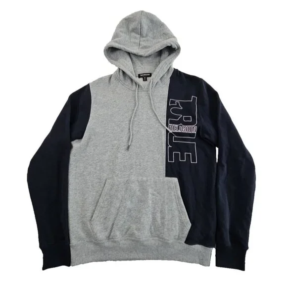 True Religion Colorblock Fleece Logo Hoodie Men's M Black Grey EUC Drawstring LS