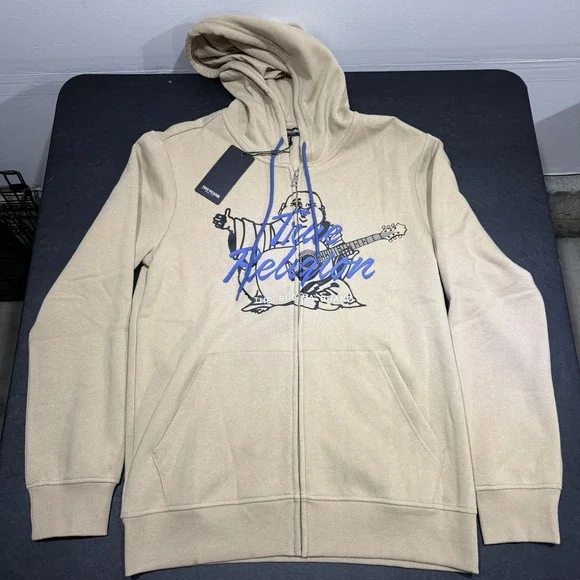 NWT $119.00 True Religion Mens Buddha Script Fleece Hoodie Fog‎ Tan Sz Medium