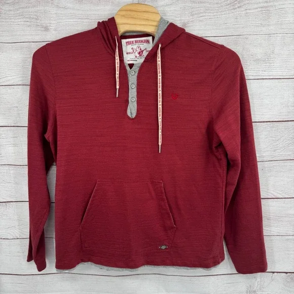 True Religion Hoodie Pullover Henley Kangaroo Pocket‎ Red Casual Size 3XL