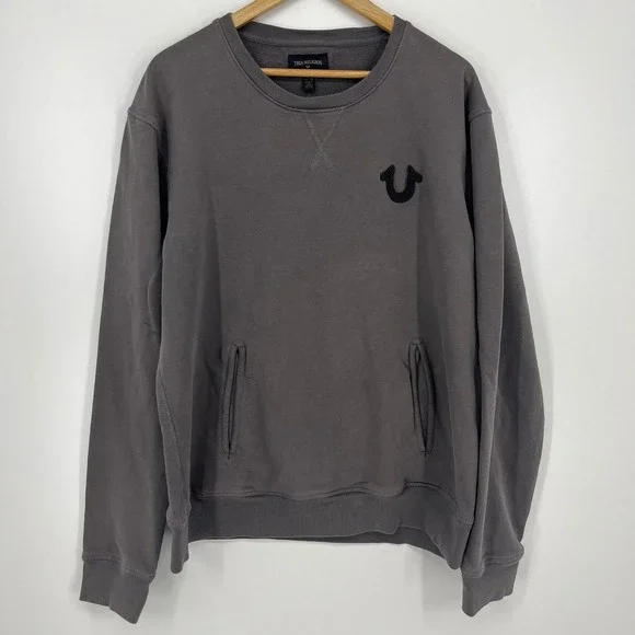 True Religion Mens Gray Horseshoe Logo Crewneck Sweatshirt 2XL Pullover
