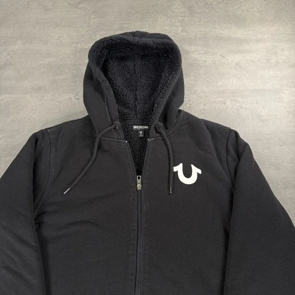 True Religion Logo Seal Sherpa Zip Hoodie Mens‎ Small Black Red Buddha Graphic