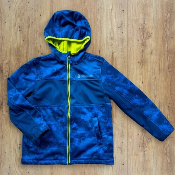 Boys Free Country Waterproof Blue Camo Zippered Hooded Jacket 14/16