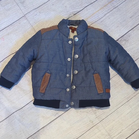 7 For All Mankind Denim Blue and Brown Kids Puffer Jacket