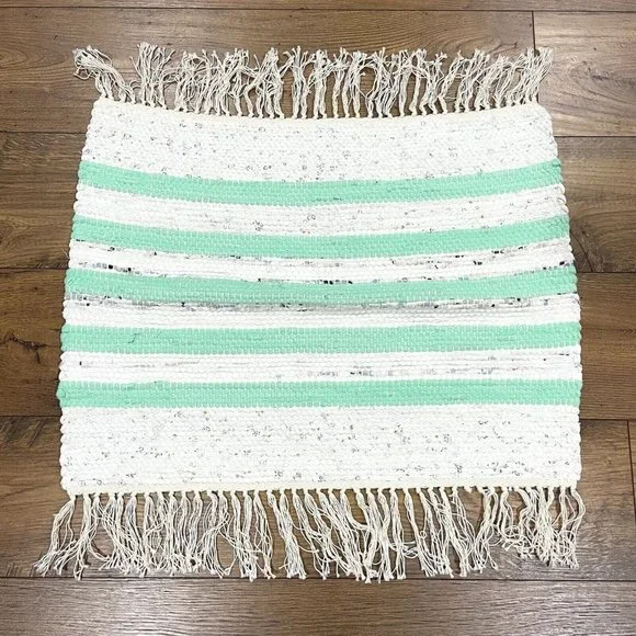 NEW Handmade Woven Rag Rug 20x26 Fringe Tassel‎ Throw Cotton Striped Green Ivory