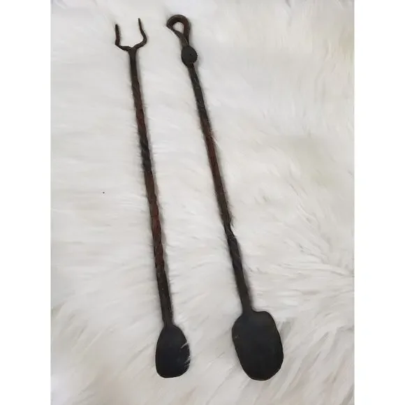 Antique Wrought Iron Twisted Stem with Leaf Handle Serving Spoon Fork Primitive‎