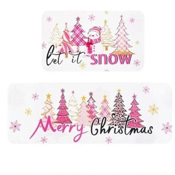 New Pink Christmas Doormat Set Merry Christmas Let It Snow Snowman Trees Leopard