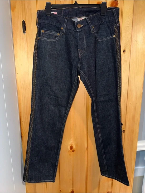 True Religion Geno Slim Raw Denim Jeans Selvedge Side Stripe Made In USA-Mens 30