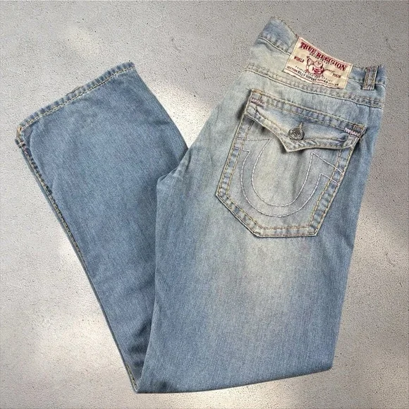 True Religion Billy Super T Jeans Mens 40x33 Blue Made‎ USA Distressed Bootcut