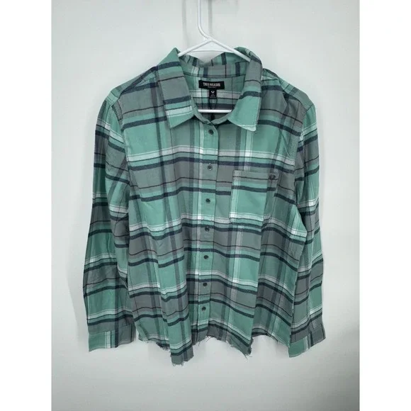 NWT True‎ Religion Western Plaid Flannel Shirt Men's Large Teal Grey Long Sleeve