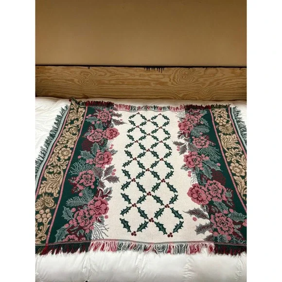 Unbranded Woven Tapestry Throw Blanket Unisex OS Green Red Holly Floral