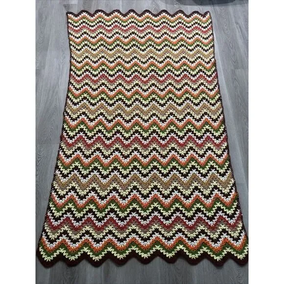 Vintage‎ Crochet Chevron Zig Zag Pattern Throw Blanket Afghan 69