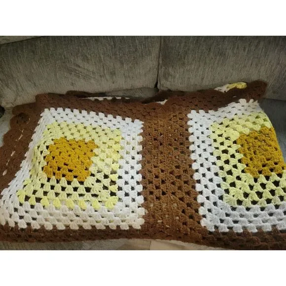 Vintage 70s Granny Square Afghan 60x80 Brown Yellow White‎ Crochet Blanket
