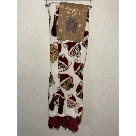 Merry & Bright Christmas Dogs Throw Blanket Cozy Plush Oversized 50 X 70 NWT New