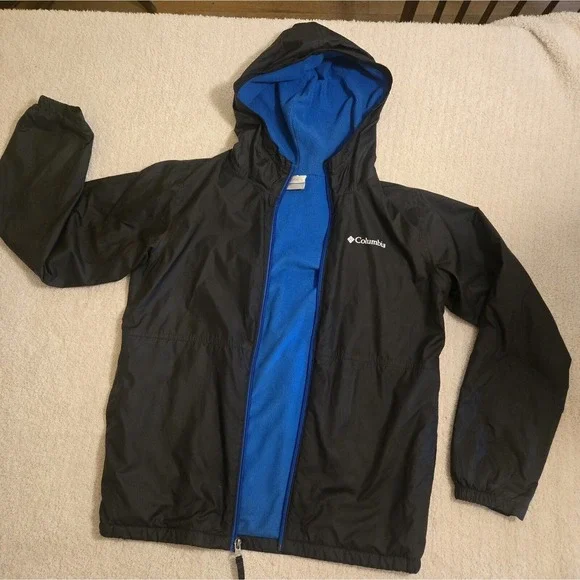 Columbia Kids Windbreaker Jacket Black Blue Fleece Lined Hooded‎ Size L 14/16