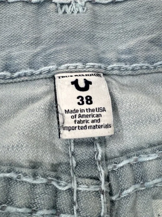 True Religion Jeans Mens 38x34 Ricky W Flap Relaxed Distressed Light Blue Holes