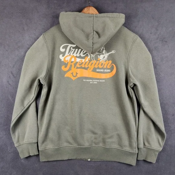 True‎ Religion Old Skool Hoodie Mens Large Olive Green Buddha Graphic Full Zip