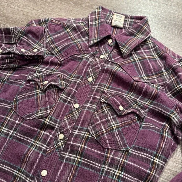 True Religion Shirt Adult Medium Plaid Western Pearl Snap Flannel 100% Cotton