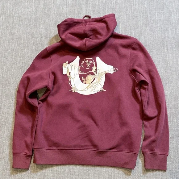 True Religion Mens XL Burgundy Zip Up‎ Hoodie Buddha Maroon Horseshoe Logo