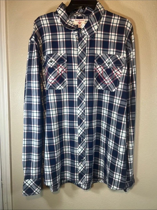 True Religion Navy and White Plaid Button-Down Shirt